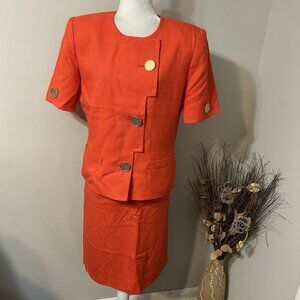 Vtg Kasper For ASL 2pc Skirt Suit Orange Short Sleeve Gold Buttons Lined Size 14